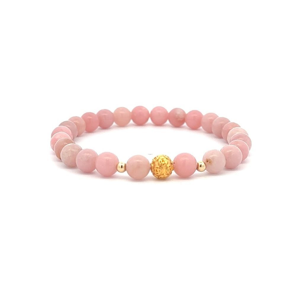 18K Gold Money Ball Lucky Charm Beads Bracelet Gemstones Pink Opal 6mm